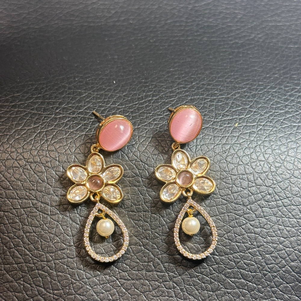 Elegant Pink and Gold Floral Kundan Mosanite Indian Bollywood  Earrings
